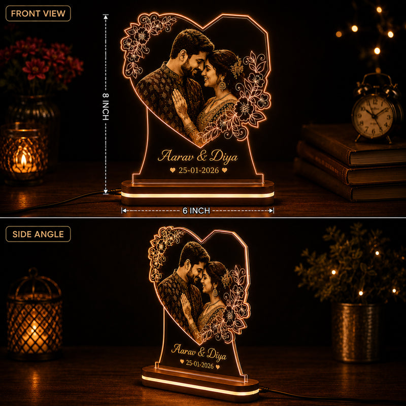 Personalized Heart LED Photo Lamp 6x8 Inch – Customized Engraved Acrylic Night Light for Couples