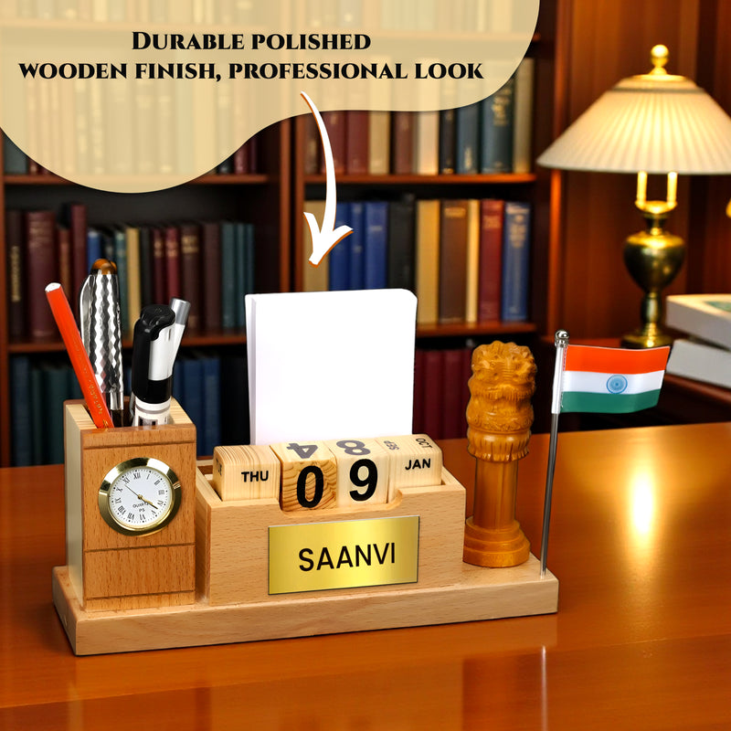 Customized Wooden Desk Organizer –Pen Holder with Analog Clock, Rotating Infinity Calendar, Indian Flag with customized name and logo