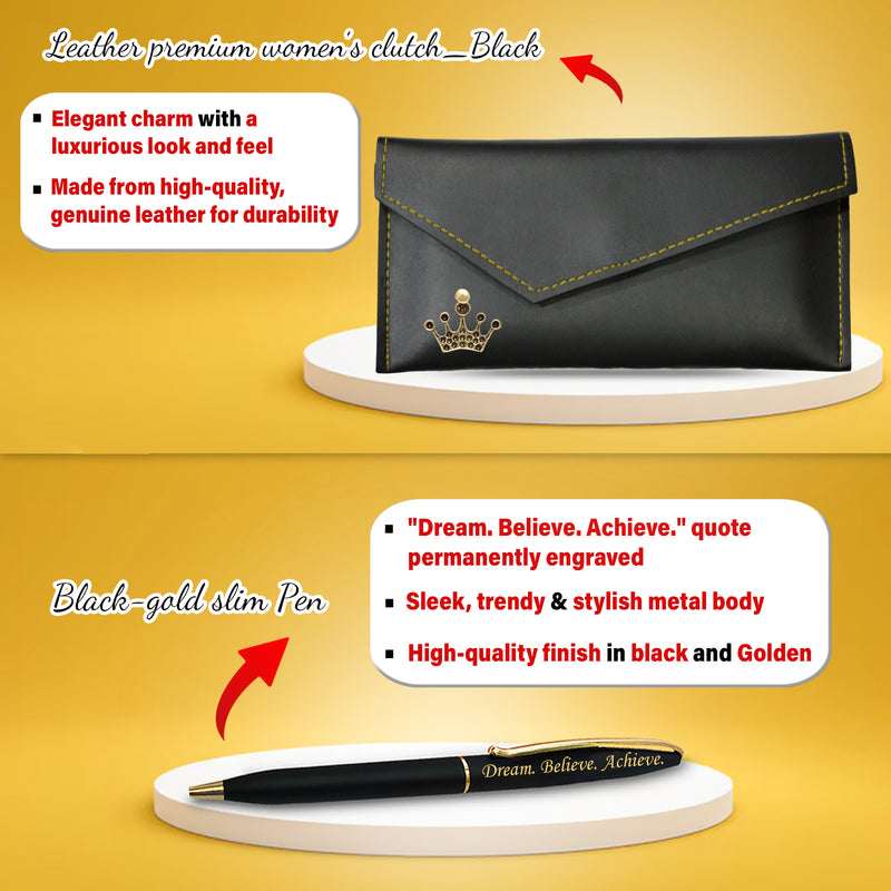 Retirement Gift Set for Women – Leather Clutch, Pen & Mug.
