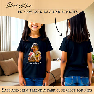 Personalized Unisex Kids Black Cotton T-Shirt with Your Pet's Photo and Name Printed.