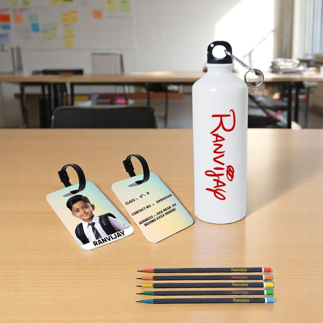 Personalized Kids School Combo – Custom Bottle, Engraved Pencil Set & Name Tag