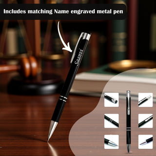 Customized Black Leather Diary with Colored Advocate Logo & Name Engraved Pen.