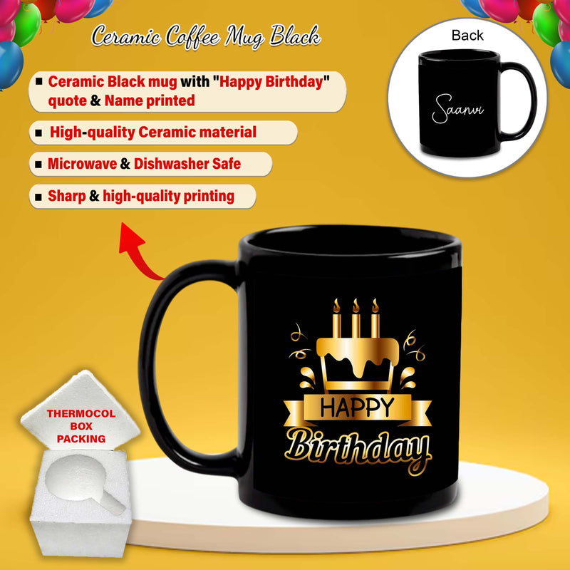 Birthday Gift Combo – Black Ceramic Coffee Mug & Keychain with 'Happy Birthday' Quote & Custom Name