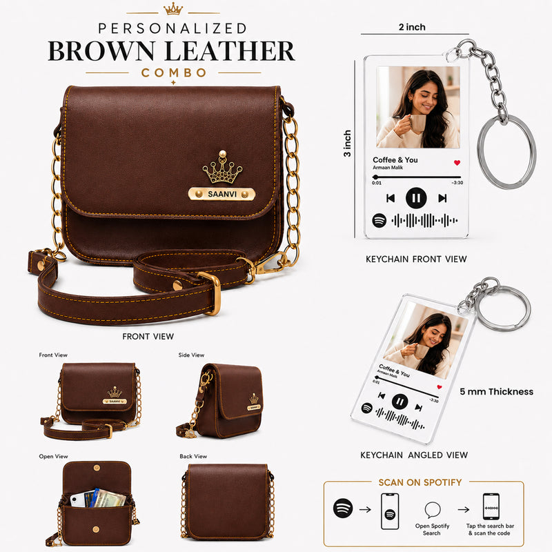Customized Leather Sling Bag with Name & Charm and Spotify Photo Keychain with Favourite Song | Personalized Rakhi Gift for Sister