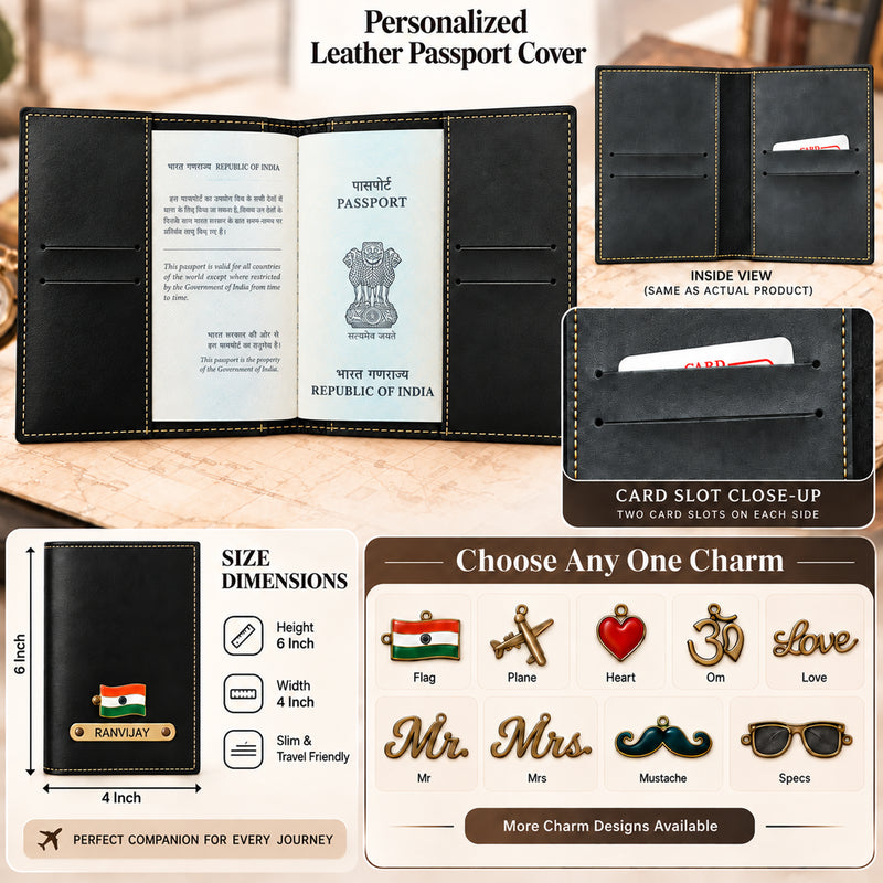 Personalized Leather Passport Cover with Name & Metal Charm | Customized Passport Cover for Men & Women | Customised Leather Passport Holder