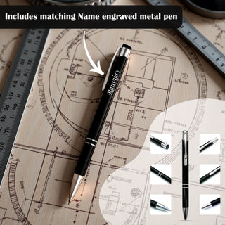 Customized Black Leather Diary with Coloured Engineer Logo & Name Engraved Pen.