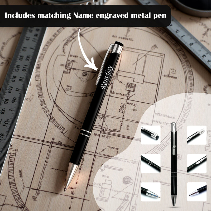 Customized Black Leather Diary with Coloured Engineer Logo & Name Engraved Pen.