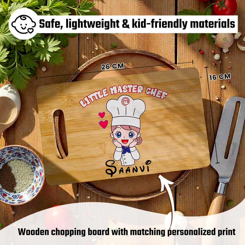 Customized Little Master Chef Gift Combo for Kids | Name Printed Apron & Wooden Board