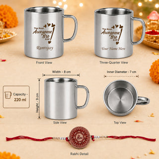 Customized Stainless Steel Mug with Name and Rakhi for Brother 220 ml.