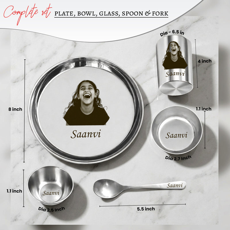 Personalized Stainless Steel Meal Set for Kids –Custom Laser Photo Printed with Name.