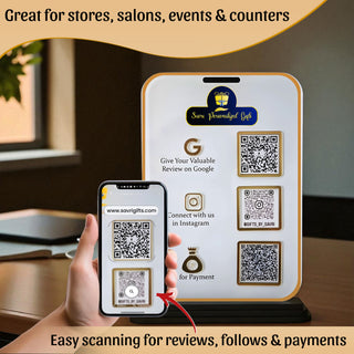 Personalized Acrylic QR Code Stand – 6x8 inch- with 3 Custom Slots for Logo & Branding