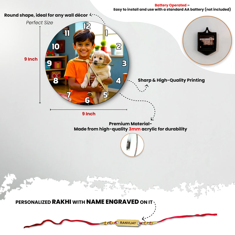 Personalized Rakhi Gift Set – Photo Printed Cushion, Wall Clock & Name Engraved Rakhi