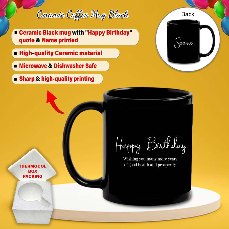 Birthday Gift Combo – Black Ceramic Coffee Mug &  Acrylic Keychain with 'Happy Birthday' Quote & Name Printed.