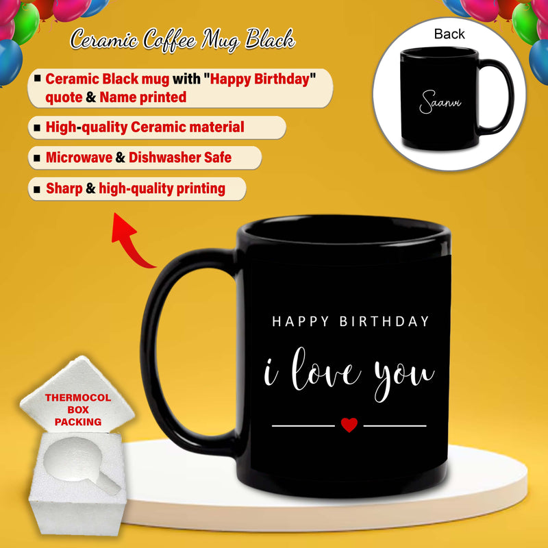 Birthday Gift Set– Black Ceramic Coffee Mug &  Acrylic Keychain with 'Happy Birthday' Quote & Name Printed.