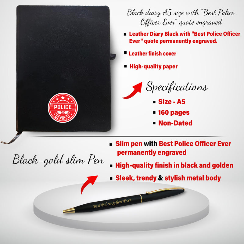 Police Set NP- Pen, Keychain, Bottle, Diary with 'Best Police Officer Ever' Engraved, Wallet with King Charm