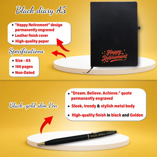 Retirement Gift Set – Pen, A5 Black Diary with Quote & Temperature Bottle –