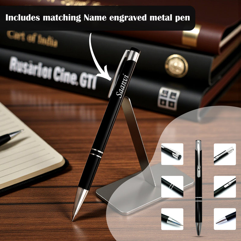 Customized Black Leather Diary with Indian Flag-Colored Design & Name Engraved Pen.