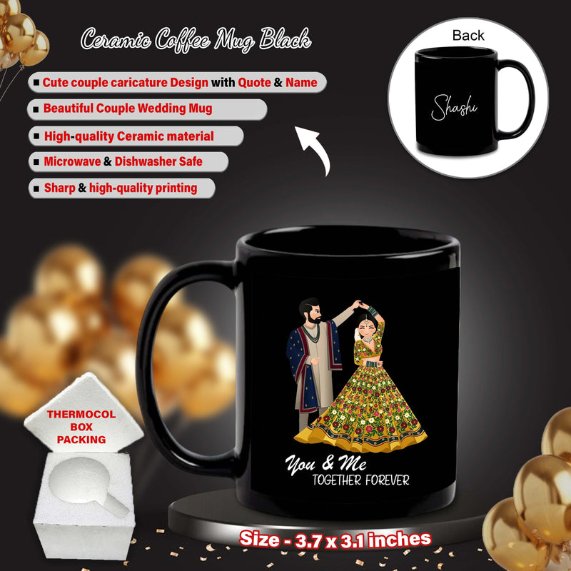 Black Mug & Keychain Set with Couple Caricature Design & Name –