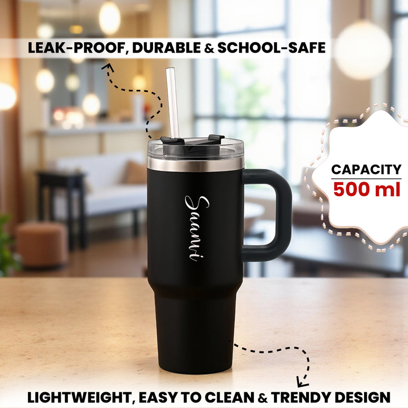 Kids Mini Tumbler 500 ml Black with Engraved Name + Pencil Set.