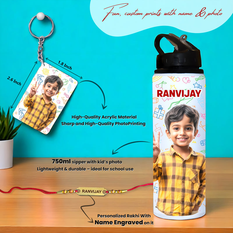Kids Rakhi Gift Set – Rakhi, Photo Bottle, Keychain & Pencil Set.