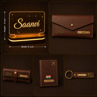 Customized Female Gift 5 Pcs Combo Set with Leather Combo 4 Set and a Led Acrylic Name Frame.