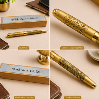 Customized Gold Plated Ganesh Ji Pen with Wooden Gift Case & Custom Message