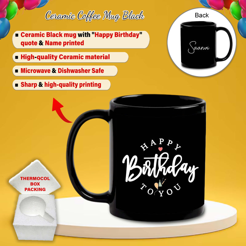 Birthday Gift Combo - Black Ceramic Coffee Mug & Acrylic Keychain with Happy Birthday Quote & Custom Name.