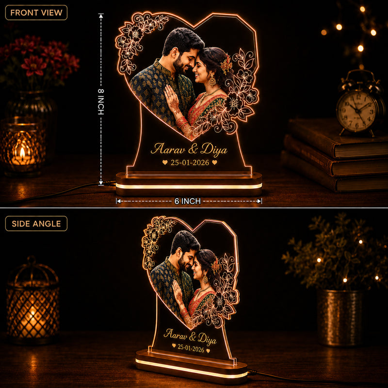 Personalized Acrylic Heart LED Photo Frame 6x8 Inch – Customized HD UV Printed Photo Acrylic Night Light with Name & Date