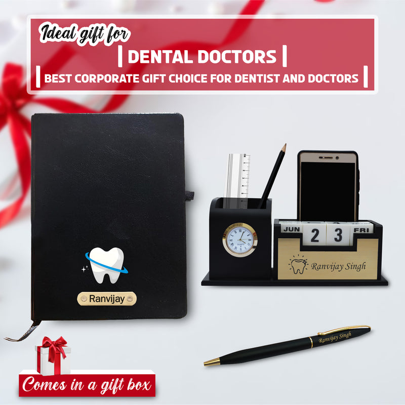 Customized Dentist Professional's Set- Black-Gold Slim Pen, Pen Stand 1.0 with Date & Clock (Dentist Logo), and A5 Black Diary