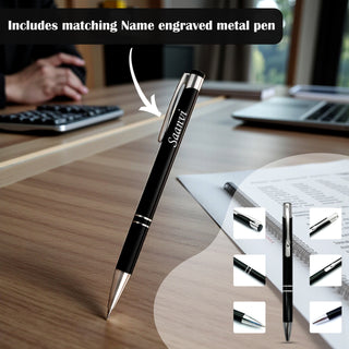 Customized Black Leather Diary with Colored CA Logo Design & Name Engraved Pen.