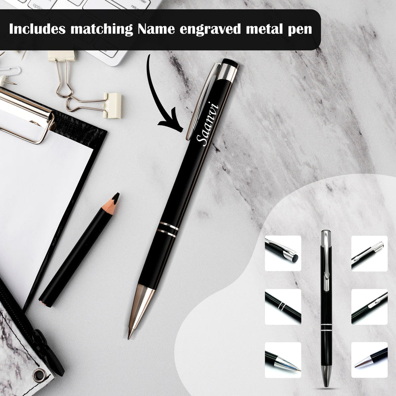 Customized Black Leather Diary with Coloured Logo Embossed & Name Engraved Pen.