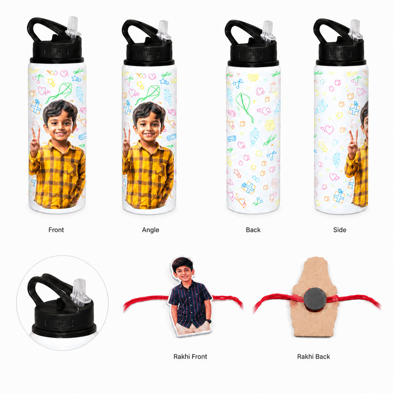 Customized 750 ML Aluminium Sipper Bottle with Photo & Name Print and Photo Caricature Rakhi
