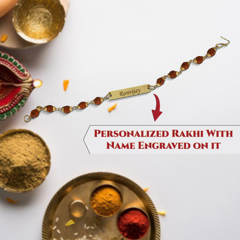 Personalized Rakhi Gift – Photo Printed Wooden Plaque + Name Engraved Rudraksh Rakhi.