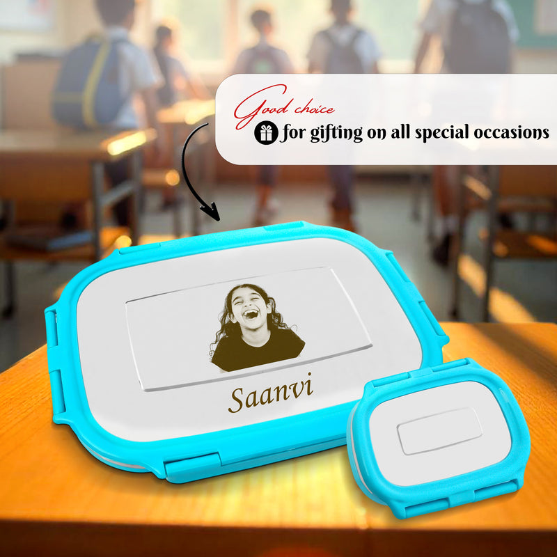 Personalized Stainless Steel Lunch Box for Kids (Blue) – Customized Laser Photo & Name Printed Tiffin Box