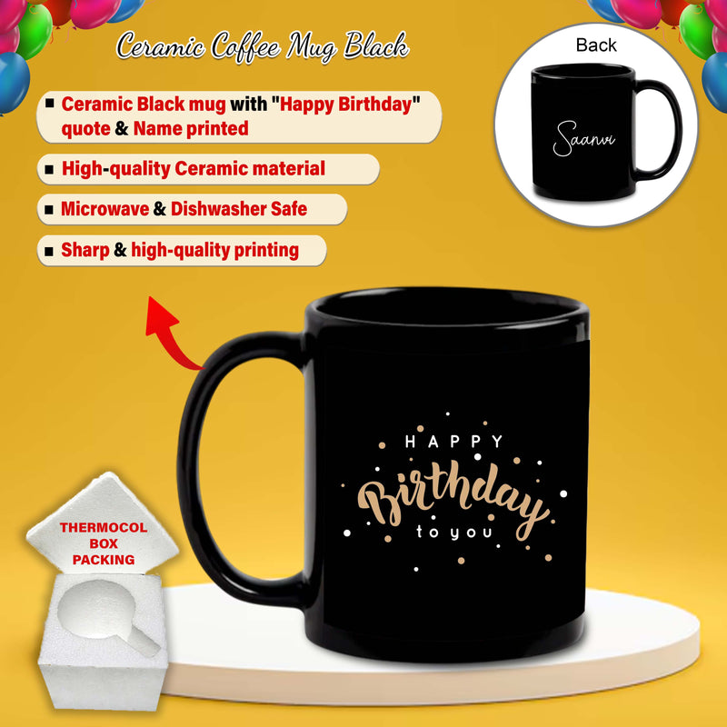 Birthday Gift Combo – Black Ceramic Coffee Mug &  Acrylic Keychain with 'Happy Birthday' Quote & Custom Name Printed.