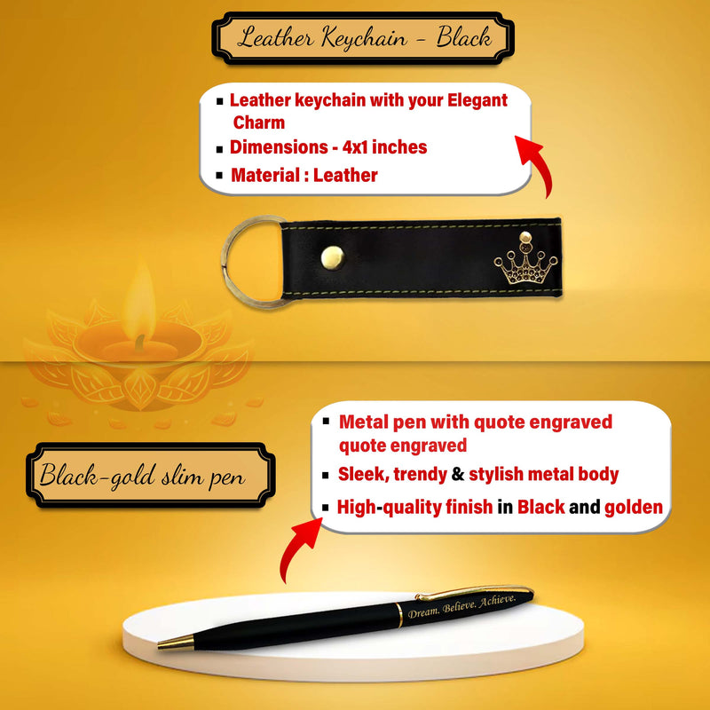 Personalized Gift Set for Women for Diwali – Clutch, Leather Keychain, Metal Pen, Black Bottle with 'Happy Diwali' Quote
