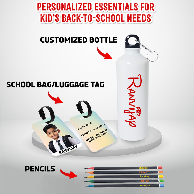 Personalized Kids School Combo – Custom Bottle, Engraved Pencil Set & Name Tag