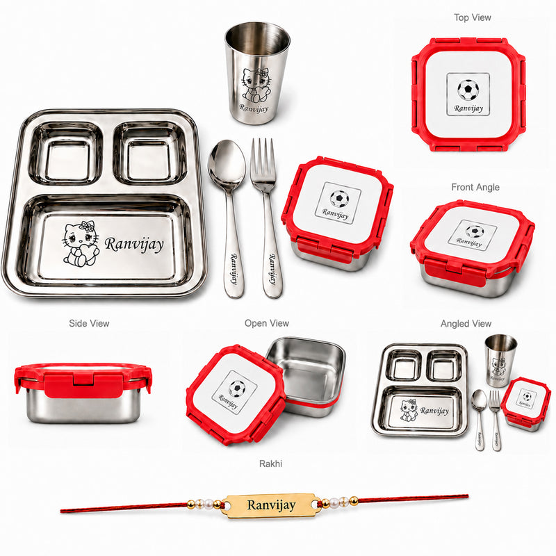 Customized Rakhi Gift Set | Custom Name Engraved 3 Compartment Steel Plate, Lunch Box & Foil Rakhi