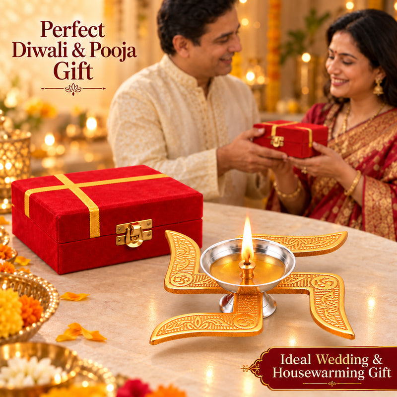 Gifts Brass Swastik Diya with Red Gift Box | Traditional Pooja Deepak for Diwali, Housewarming & Gifting