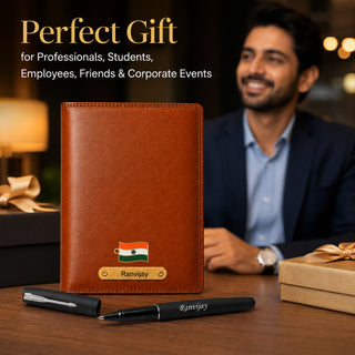 Customized Brown Diary & Branded Parker Roller Pen Gift Set with Name Engraved.