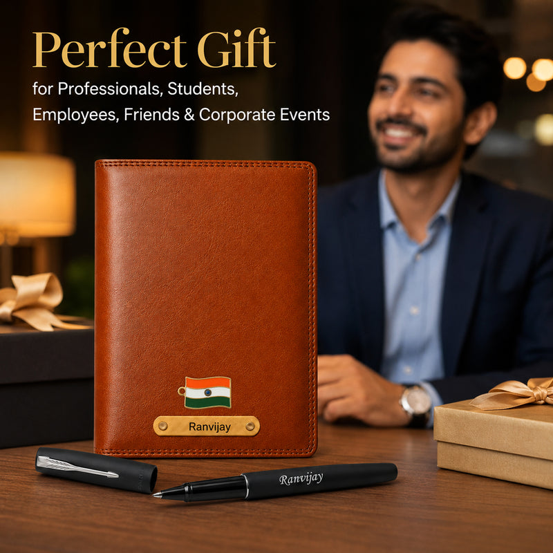Customized Brown Diary & Branded Parker Roller Pen Gift Set with Name Engraved.