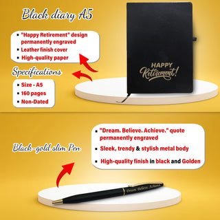 Retirement Gift Set – Pen, A5 Black Diary with Quote & Temperature Bottle –