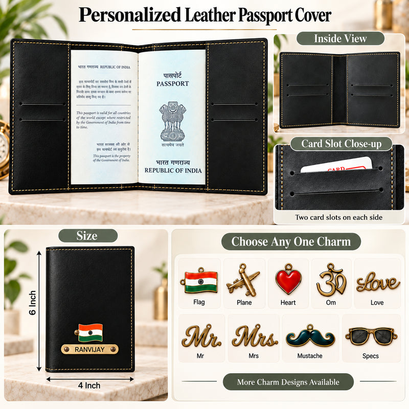 Leather Passport Cover Set of 2 with Name & Charm | Customised Passport Cover with Name for Couple | Personalized Passport Holder for Men & Women