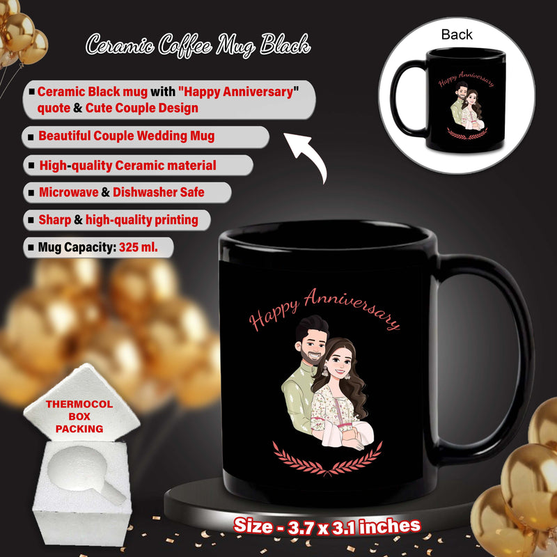 Black Mug & Keychain with 'Happy Anniversary' Quote & Couple Image.