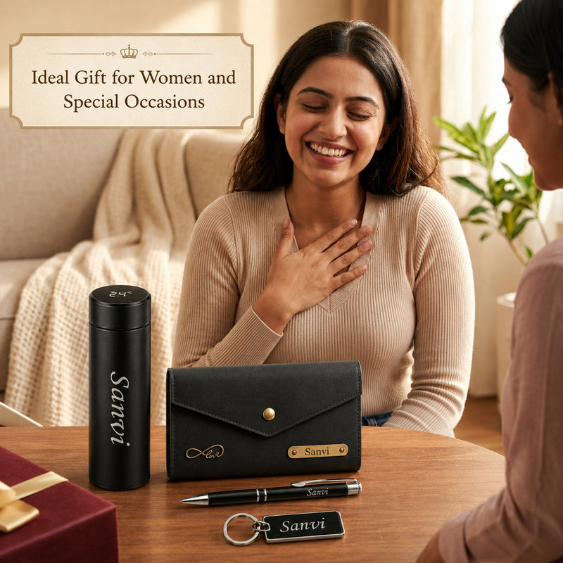 Customized Gifts Combo Set for Women(4 Pcs) –Customized Name Clutch, Stainless Steel Bottle, Pen & Keychain | Premium Gift Hamper