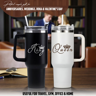 Black & White 1200 ML Straw Tumblers | King & Queen Design for Couples, Engraved Tumbler Set
