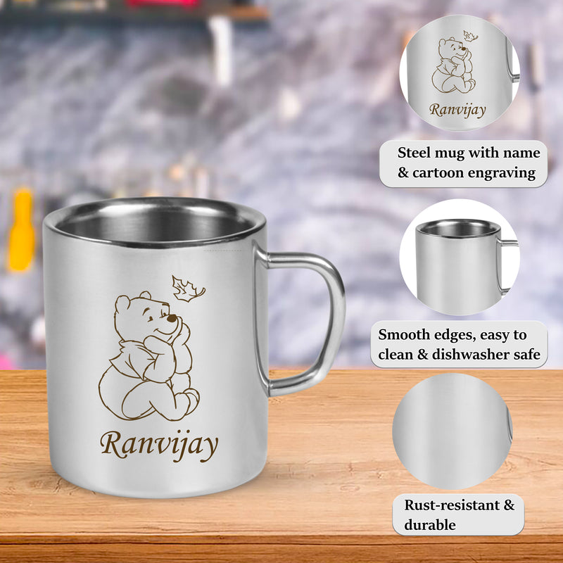 Personalized Stainless Steel Mug for Kids – Cartoon Character and Name Engraved