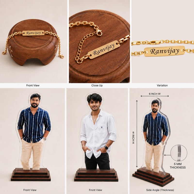 Customized Chain Rakhi with Name Engraving & Customized 6 x 8 Inch Acrylic Photo Cutout with Favourite Picture Printed