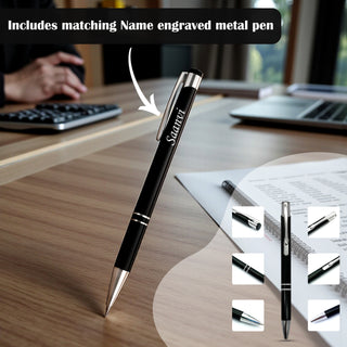 Customized Black Leather Diary with Colored CS Logo Design & Name Engraved Pen.