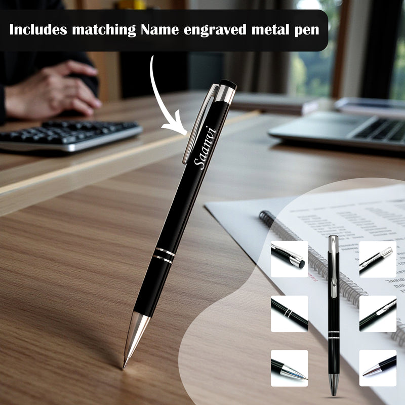 Customized Black Leather Diary with Colored CS Logo Design & Name Engraved Pen.